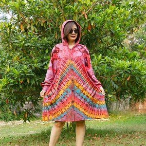Boho Tie Dye Hoodie Midi Kleid, Tie Dye Hood Kleid, Hippie Cardigan Kleid, Regenbogen Kleid, Festival Kleidung, Bunt Urlaub Kleid LD8J