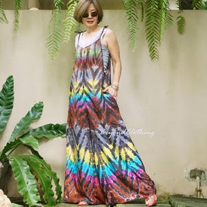 Sleeveless Tie-Dye Rayon Jumpsuit with Adjustable Shoulder Ties, Wide Leg Boho Overalls with Pockets , Summer Festival Romper - JP6D