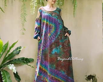 Handgemaakte katoenen tie-dye maxi-jurk: boho-festivalkleding koude schouder LD4C