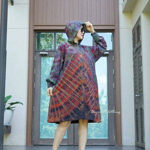 Boho Tie Dye Hoodie Midi Dress, Tie Dye Hood Dress, Hippie Cardigan Dress, Rainbow Dress, Festival Clothing, Colorful Holiday Dress LD8H