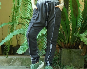 Unisex Ninja Harem Funky Raw Edge & Contrasting Color Seam Charcoal Cotton Mix Polyester Pants Avant Garde Pants Sweatpants With 4 Pockets