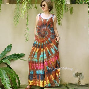 Sleeveless Tie-Dye Rayon Jumpsuit with Adjustable Shoulder Ties, Wide Leg Boho Overalls with Pockets , Summer Festival Romper - JP6B