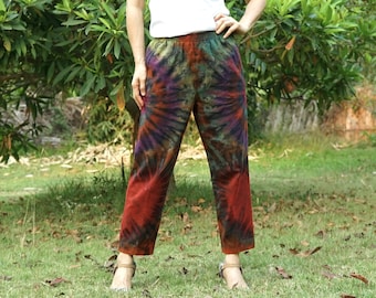 Upcycled Boho Tie Dye Baumwoll Tapered Pants: Regenbogen Festival Style - P17