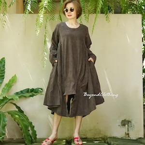 Stonewashed Thick Cotton Boho Dress, Asymmetrical Lagenlook Tunic, Long Sleeve with Button Tabs, Rustic Mori Kei Natural Fiber Clothing