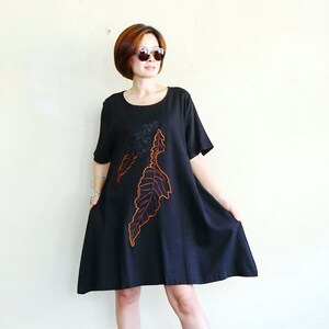 Boho Black Linen Blend Dress: Leaves Embroidery, Flare Hem