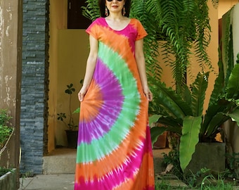 Boho Tie Dye Maxi Dress, Multicolor Tie Dye Flare Dress, Hippie Dress, Rainbow Dress, Festival Clothing, Colorful Holiday Resort Dress JB6B