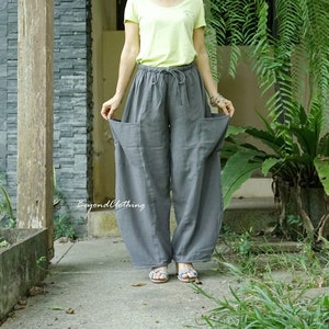 Take Me Home...Wide Leg Boho Pants, Loose Pants, Boho Gaucho Pants, Casual Chic Slate Gray Double Gauze Cotton Pants With 2 Roomy Pockets