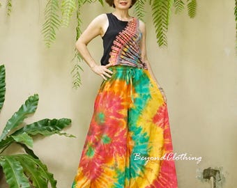 Tie Dye Baumwoll Palazzo Hose: Boho Hippie Hose mit weitem Bein Festival Kleidung - LP1G