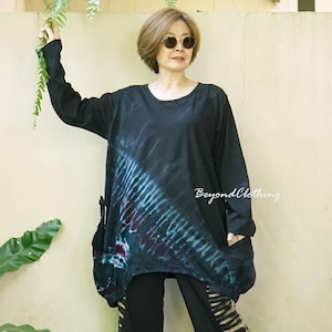 Boho Oversized Tie dye Tunic Top, Relaxed Fit Tunic Top With Curved hem & Side pocket, Asymmetrical Hem Tunic Top Festival Top - JB8D