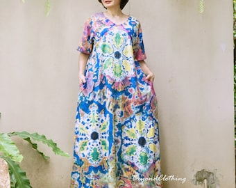 Plus Size Tie Dye Dress: Cotton V-Neck Hippie Festival Dress - LD76K