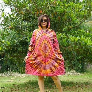 Boho Tie Dye Hoodie Midi Kleid, Tie Dye Hood Kleid, Hippie Cardigan Kleid, Regenbogen Kleid, Festival Kleidung, Buntes Urlaubs Kleid LD8B