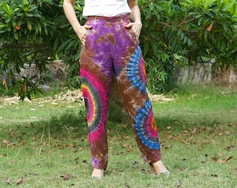 Boho Hippie Tie Dye Linen Blend Rayon Tapered Pants, Festival Pants, Tie Dye Vintage Pants, Rainbow Pants, Tie Dye Summer Pants - P1