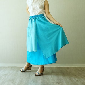 3 Layer Skirt...Boho Colorful Triple Layer Blue Light Cotton Lawn Skirt With 1 Patched Pocket