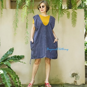 Stonewashed Cotton Pinafore Dress: Dark Blue Oversized Mini Jumper - PD1A
