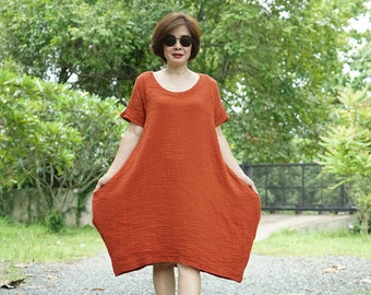 Boho Scoop Neck Short Sleeve Tunic Dress Casual Chic Burnt Orange Double Gauze Cotton Tunic Dress Boho Tulip Hem Midi Dress Tunic - DB2