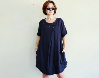 Boho Chic Smart Casual Short Sleeve Dark Navy Blue Cotton Mix Linen Pleated Front Boho Dress Tunic With Curve Hem