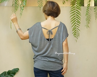 Gray Cotton Blend V-Neck Tee: Dolman Sleeve Top with Tie Back  - LT06A