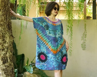 Boho Tie Dye Light Cotton Rayon Tunic Dress With Floral Applique Detail Tie Dye Dolman Sleeve Midi Dress Festival Clothing SM705A