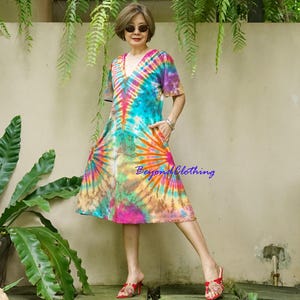 oho Tie Dye V Neck Short Sleeve Mini Dress, Rainbow Festival Dress, A-Line Summer Dress with Pockets, Handmade Hippie Clothing - LD42A