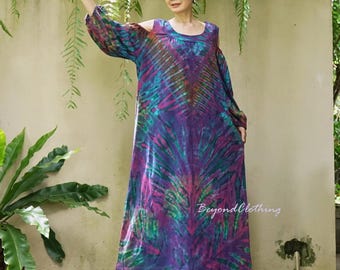 Katoenen tie-dye maxi-jurk: boho-festivalkleding koude schouders LD4B