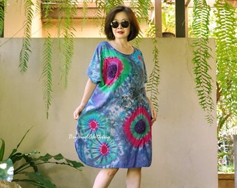 Boho Tie Dye Light Cotton Rayon Tunic Dress With Floral Applique Detail Tie Dye Dolman Sleeve Midi Dress Festival Clothing SM705A