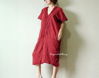 Burgundy Cotton Gauze Kaftan Dress: Oversize V-Neck Beach Cover-Up -LDB1