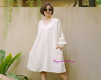 Boho Long Sleeves V Neck Oversize Creamy White Double Gauze Cotton Tunic Dress, Oversize Ivory Double Gauze Cotton Tunic Dress - DB1