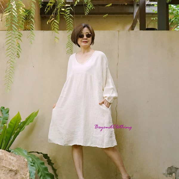 Boho Long Sleeves V Neck Oversize Creamy White Double Gauze Cotton Tunic Dress, Oversize Ivory Double Gauze Cotton Tunic Dress - DB1