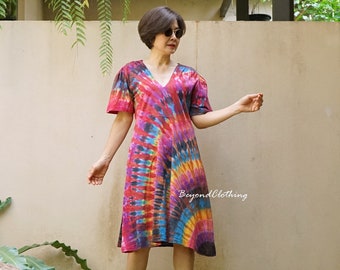 Boho Tie Dye V Neck Short Sleeve Midi Dress Tie Dye Midi Dress Tie Dye Rainbow Dress, Festival Clothing - LD42B