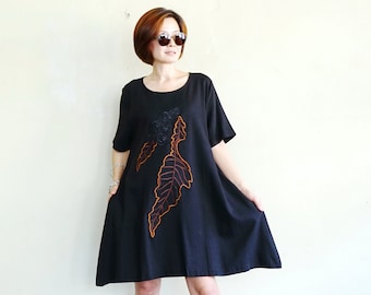 Boho Chic Casual Scoop Neck Short Sleeve Black Cotton Mix Linen Flare Hem Mini Boho Dress With Leaves Embroidery