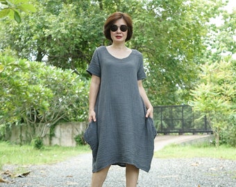 Boho Scoop Neck Short Sleeve Tunic Dress Casual Chic Dark Gray Double Gauze Cotton Tunic Dress Boho Tulip Hem Midi Dress Tunic - DB2