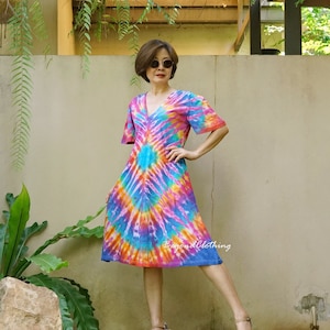 Boho Tie Dye V Neck Short Sleeve Mini Dress Tie Dye Mini Dress Tie Dye Rainbow Dress, Festival Clothing LD42F