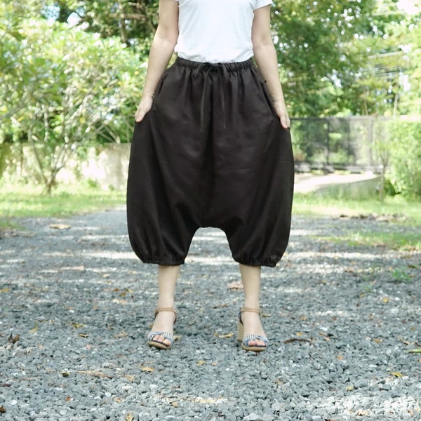 Enjoy Your Day -  Dark Chocolate Brown Linen Women Men Boho Loose Capri Pants Plus Size Harem Ninja Pants Casual Pants Boho Funky Pants