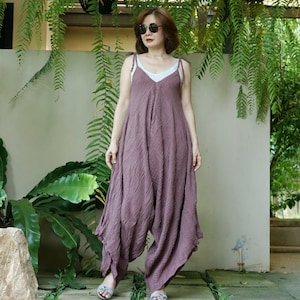 V Neck Tie Shoulder Wide Leg Romper | Boho Lagenlook Harem Jumpsuit | Dark Old Rose Double Gauze Cotton | Freesize Jumpsuit Loungewear