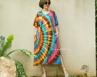 Tie Dye Plus Size Dress: Boho V Neck Short Sleeve Festival Dress- LD36G