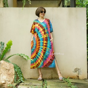 Tie Dye Plus Size Dress, Boho Tie Dye Short Sleeve V Neck Plus Size Dress, Tie Dye A Shape Dress, Festival Clothing Resort Dress - LD36G