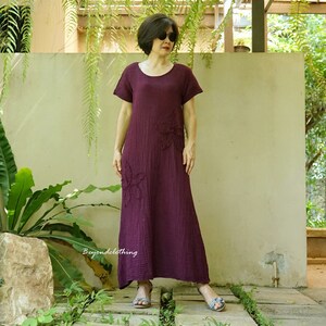 Boho Maxi Dress Scoop Neck Cap Sleeve Purple Plum Double Gauze Cotton Dress With Floral Applique - DB8