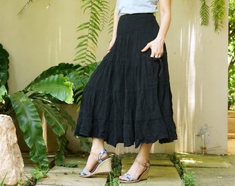 Boho Smocked Waist Tiered Midi Skirt, Boho Smocked Waist Peasant Skirt, Boho Smocked Waist Flare Black Double Gauze Cotton Skirt - DBS1