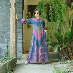 Boho Tie Dye Band Collar Puff Long Sleeve Maxi Dress Bohemian Maxi Dress Boho Rainbow Dress Festival Clothing Extravagant Dress - LD22B