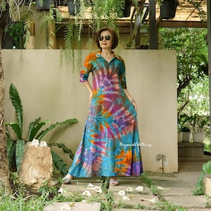 Boho Tie Dye Point Collar Half Sleeve Flare Maxi Dress Hippie Bohemian Maxi Dress, Rainbow Dress, Festival Clothing Extravagant Dress LD46G