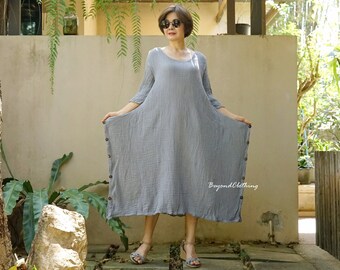 Funky Boho 3/4 Sleeves Scoop Neck Lagenlook Dress With Flap Side, Boho Blue Gray Double Gauze Cotton Dress - DB13