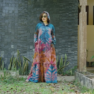 Boho Tie Dye Flare Ruffle Long Sleeve Hood Maxi Dress Tie Dye Cardigan Dress Festival Clothing - LD2A