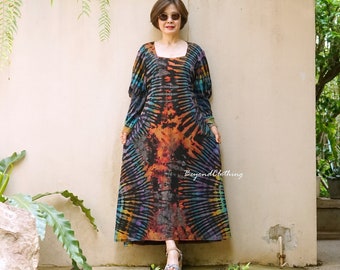 Boho Tie Dye Cuello Cuadrado Manga de Cordero Maxi Vestido, Boho Maxi Vestido Boho Rainbow Vestido Festival Ropa Vestido Extravagante LD64B