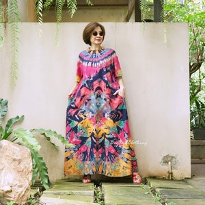 Boho Tie Dye High Crew Neck Short Sleeve Maxi Dress, Tie Dye Plus Size Flare Dress, Festival Clothing Extravagant Dress - LD79B