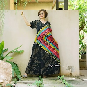 Boho Short Sleeve V Neck Bleach Tie Dye & Colorful Tie Dye Maxi Dress, Festival Clothing, Colorful Holiday Dress Tie Dye Flare Dress LD61B