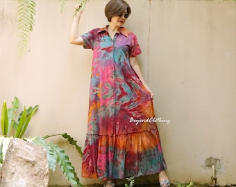 Rainbow Tie Dye Maxi Dress, Boho Festival Clothing, Ruffle Hem Button Front Short Sleeve Shirt Collar Dress - LD68A