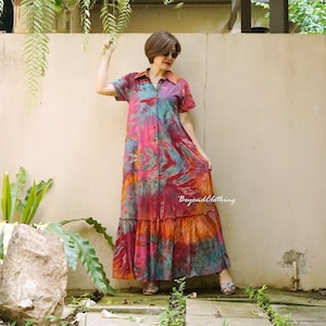 Boho Tie Dye Short Sleeve Maxi Dress, Tie Dye Button Front Opening Dress, Tie Dye Shirt Collar Dress, Rainbow Dress Festival Clothing LD68A