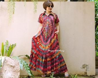 Vestido maxi de manga corta Boho Tie Dye, vestido de apertura frontal con botón Tie Dye, vestido de cuello de camisa Tie Dye, ropa de festival de vestido arco iris LD68B