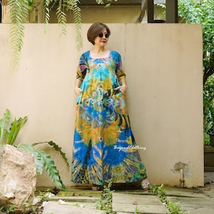 Boho Tie Dye Square Neck Half Sleeve Dress, Hippie Bohemian Maxi Dress, Tie Dye Cotton Dress, Festival Clothing Extravagant Dress - LD66A