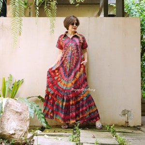 Boho Tie Dye Short Sleeve Maxi Dress, Tie Dye Button Front Opening Dress, Tie Dye Shirt Collar Dress, Rainbow Dress Festival Clothing LD68B